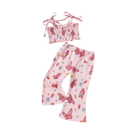 Girls Bandeau Sling Midriff-baring Top Bell-bottom Pants Suit