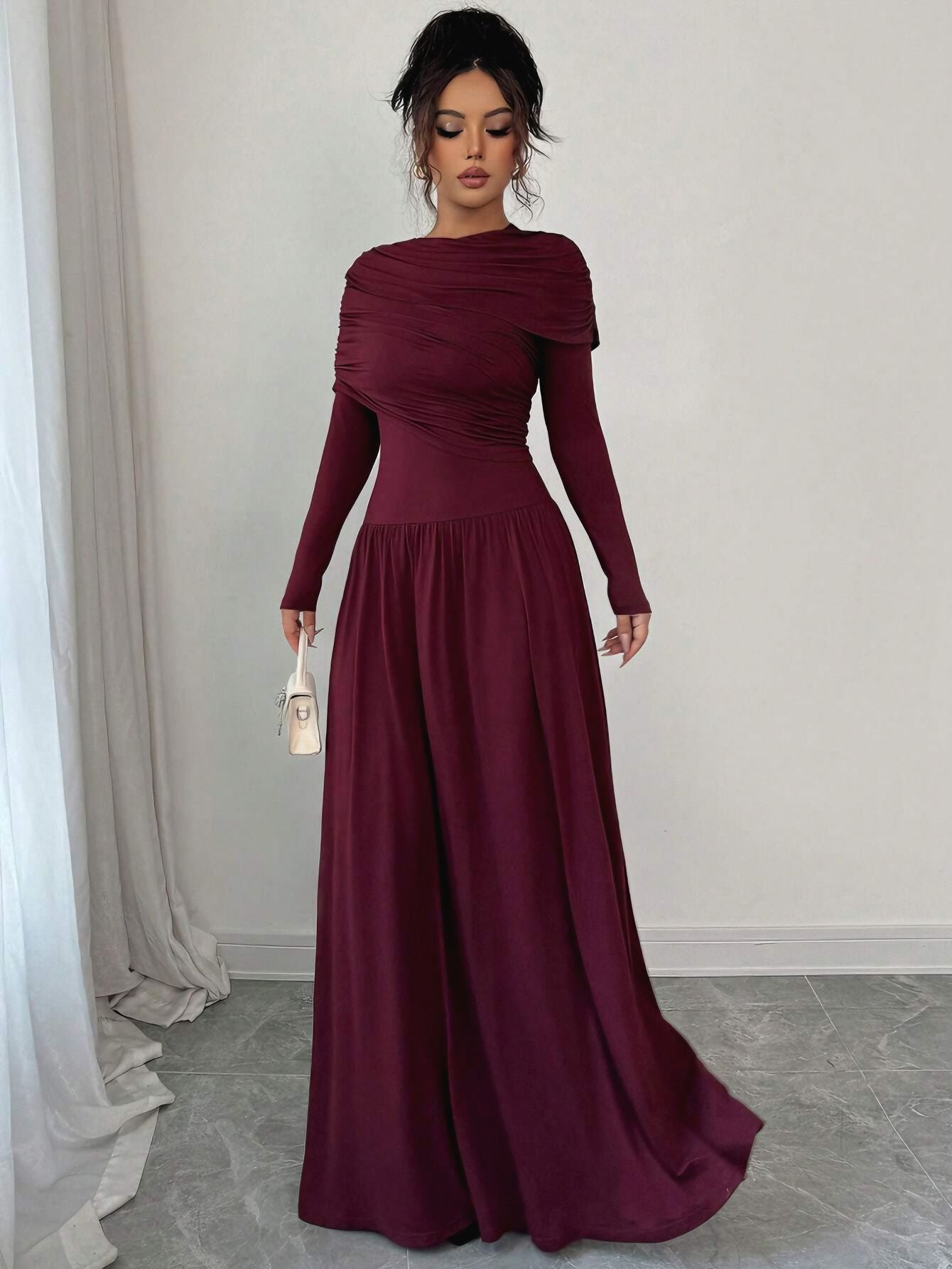 New Women's Fashion Elegant Shawl Solid Color Long Dress