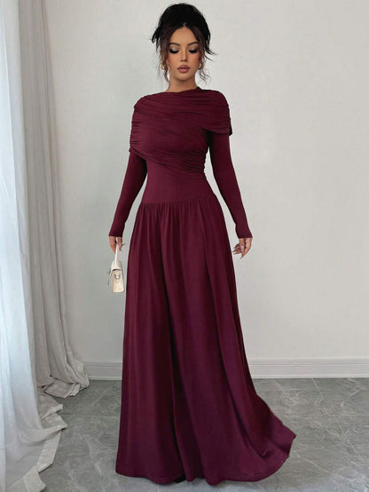 New Women's Fashion Elegant Shawl Solid Color Long Dress