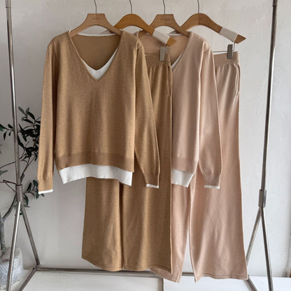 Autumn Winter Retro Fake Two-piece V-neck Fashion Knitwear Top