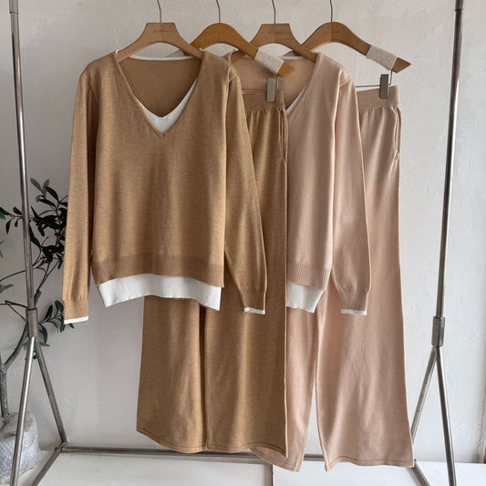 Autumn Winter Retro Fake Two-piece V-neck Fashion Knitwear Top