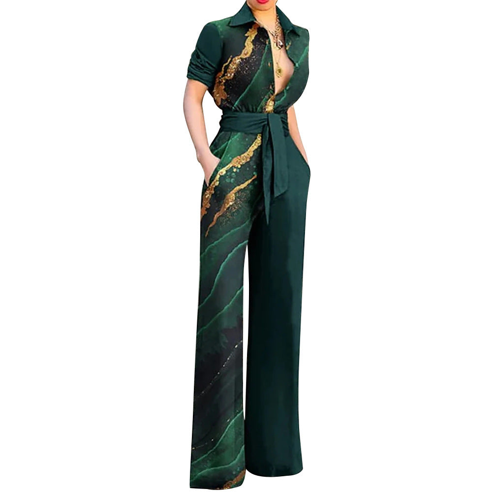 Women's Fashion Printed Long Sleeve Lapel Loose Casual Jumpsuit