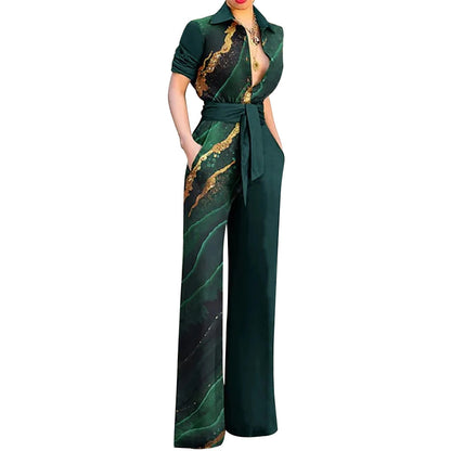 Women's Fashion Printed Long Sleeve Lapel Loose Casual Jumpsuit