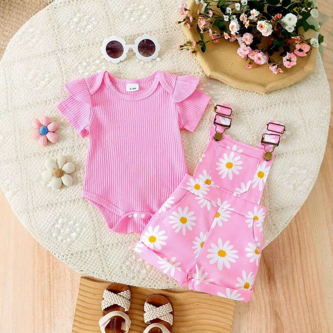 Pullover Romper Flower Print Suspender Pants Two-piece Set
