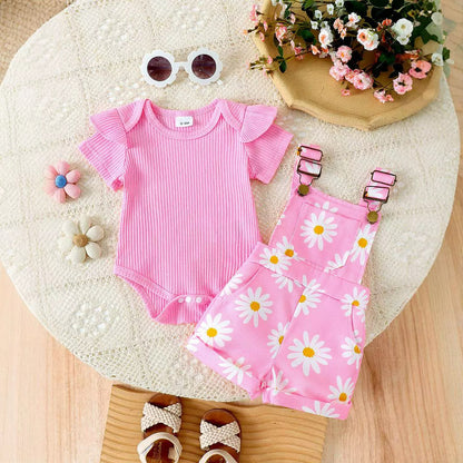 Pullover Romper Flower Print Suspender Pants Two-piece Set