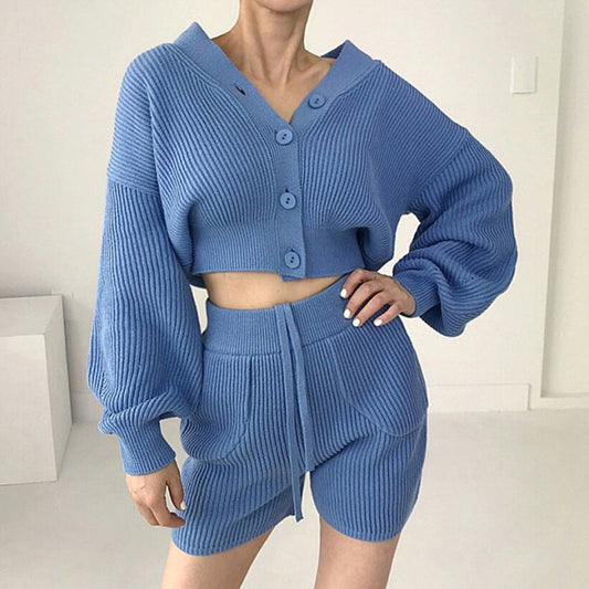 V-neck Knitted Cardigan High Waist Casual Shorts Suit