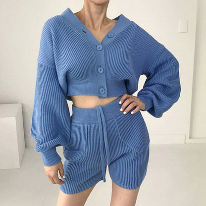 V-neck Knitted Cardigan High Waist Casual Shorts Suit