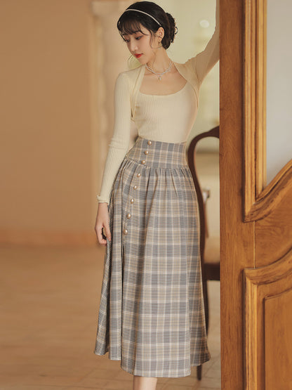 French Light Retro All-match Bottoming Shirt Temperament Plaid Skirt Suit