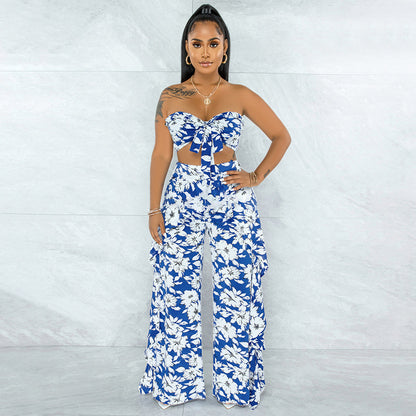 Women's Wide Leg Pants Suit With Printed Ruffled Bow