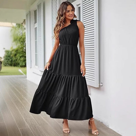 New Women's Solid Color Long Dress Knot One Shoulder Sleeveless Pleated