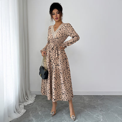 Elegant Polka-dot Self-tie Long Sleeve Dress For Women