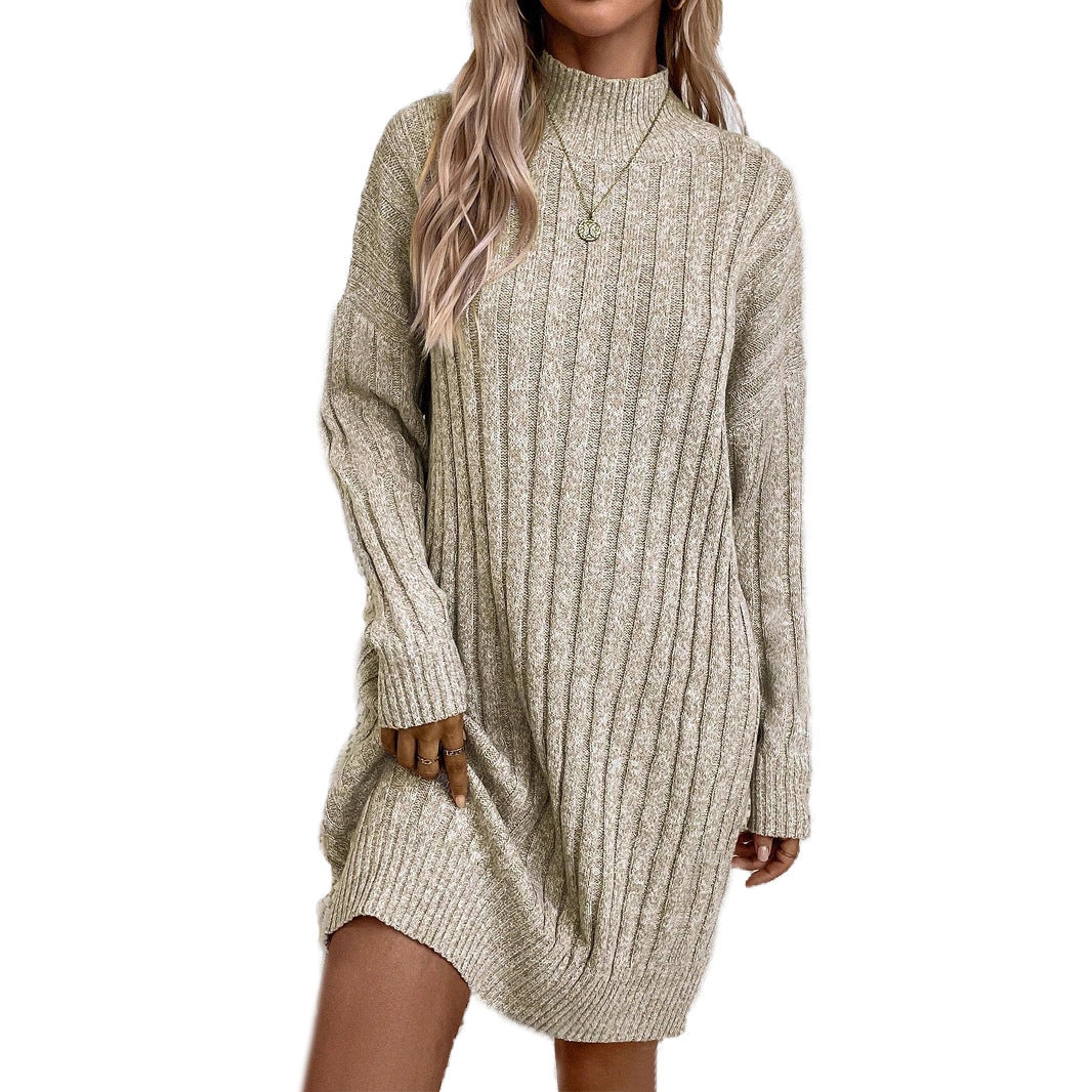 Turtleneck Long Sleeve Loose Knitted Dress Hip Bag