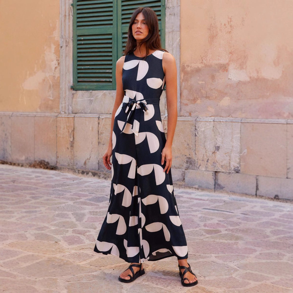 Fashion Round Neck Printed Waist-controlled Jumpsuit Women