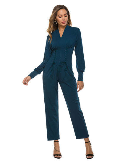 Pure Color Tie Long-Sleeved Trousers Casual Jumpsuit