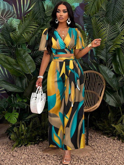 Women's Wear Tropical Printing Pleated Butterfly Sleeve Top Drawstring Wide Leg Trousers Suit