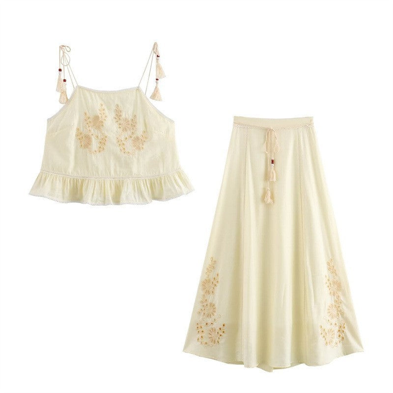 Art Simple Hollow Sling Top High Waist Skirt Suit