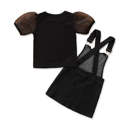 Girls' Short-sleeved Suit Puff Sleeve Black T-shirt Denim Suspender Skirt Fashionable