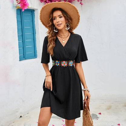 Embroidered Lace Trim A-line Smocked Elastic Waist Dress