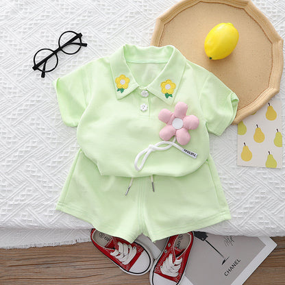Girls' Summer Cotton Short-sleeved Shorts Suit