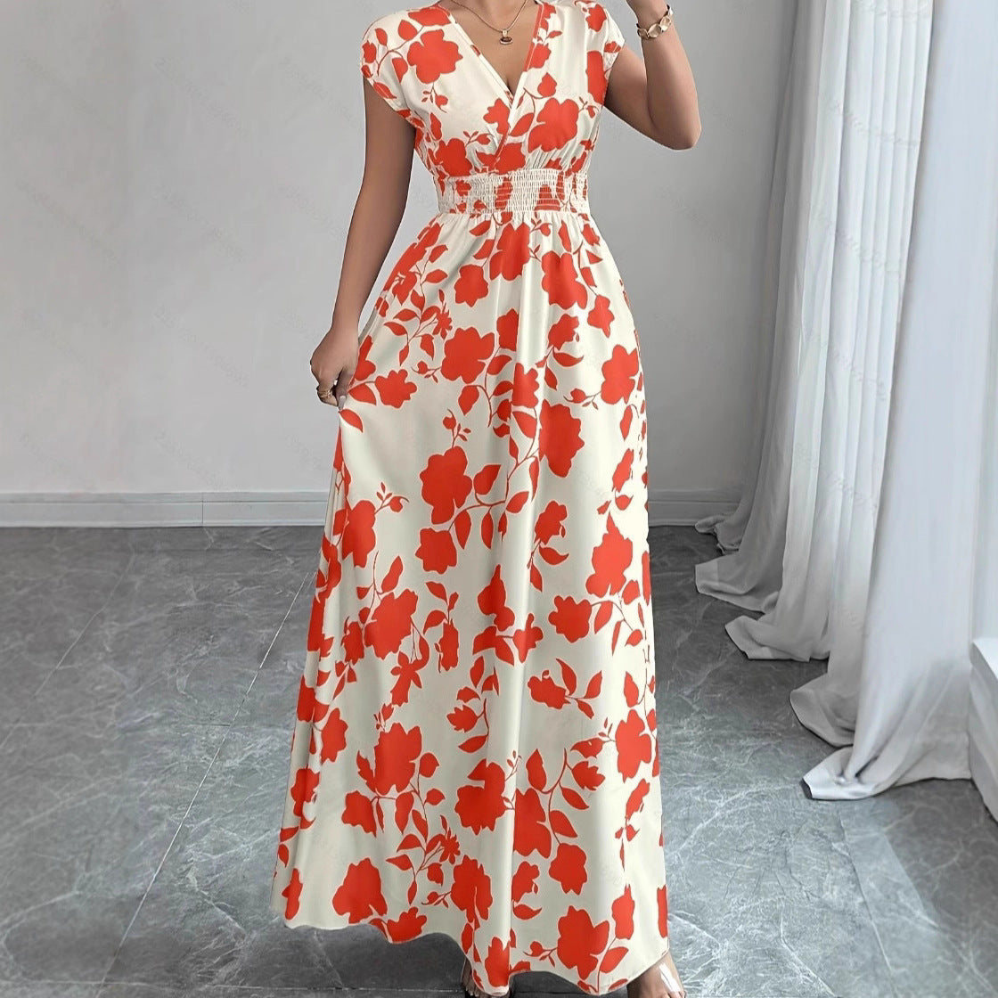 Short Sleeve Lace-up Dress Printed V-neck