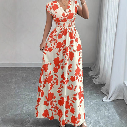 Short Sleeve Lace-up Dress Printed V-neck