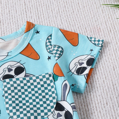 Rabbit Carrot Printed Plaid Pocket Short Sleeve