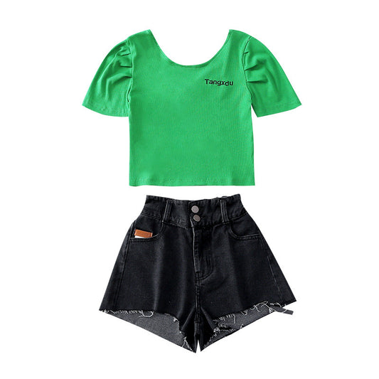 Girls Summer Personalized Back Hollow Short-sleeved Shorts Suit