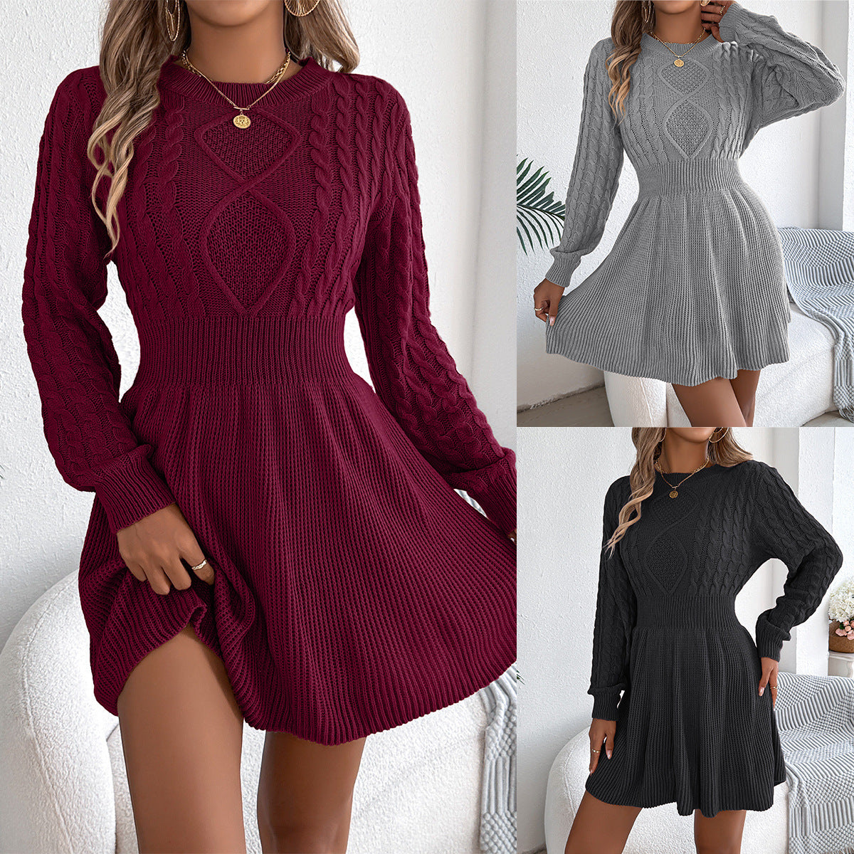 Solid Color Twist Fitted Waist Lantern Long Sleeve Sweater Dress