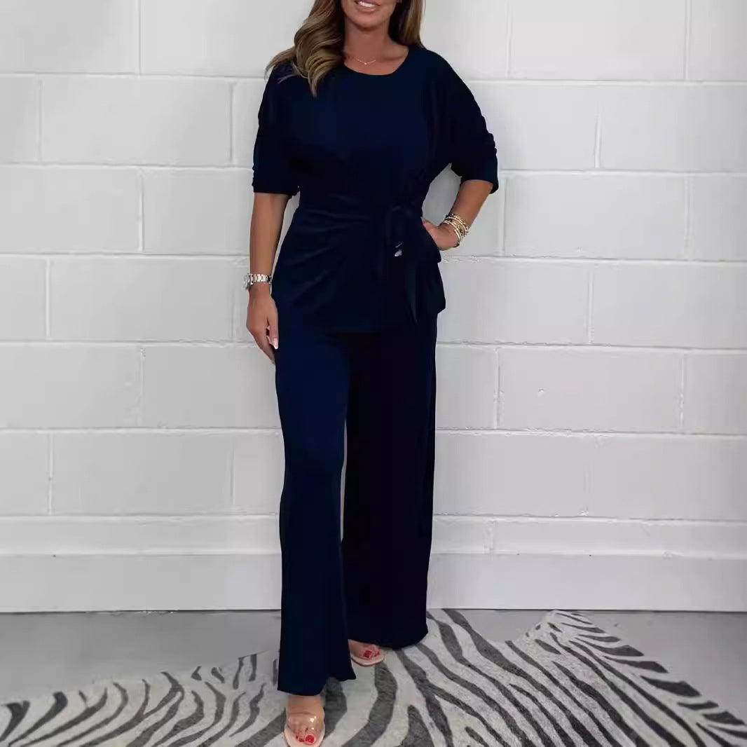 Amazon Europe And America Cross Border 2024 Fall Women's Clothing Solid Color Casual Fashion Lace-up Long Sleeve Top And Trousers Suit