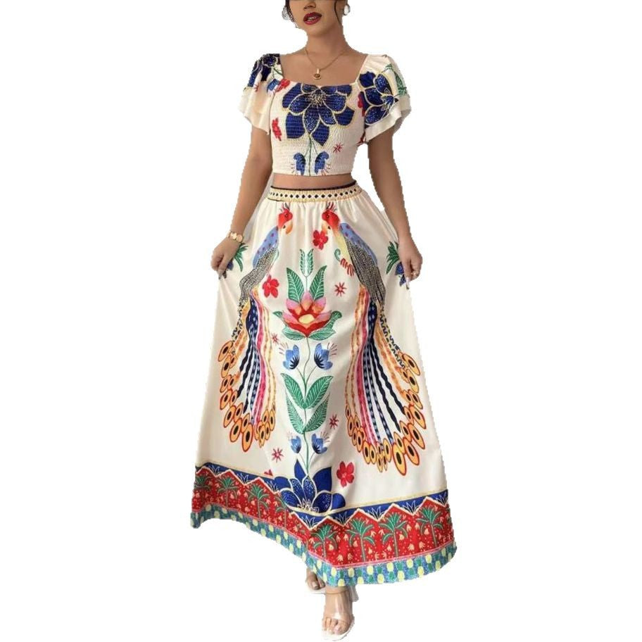 Printed Casual Vacation Bohemian Short-sleeved Top And Long Skirt Ladies Set