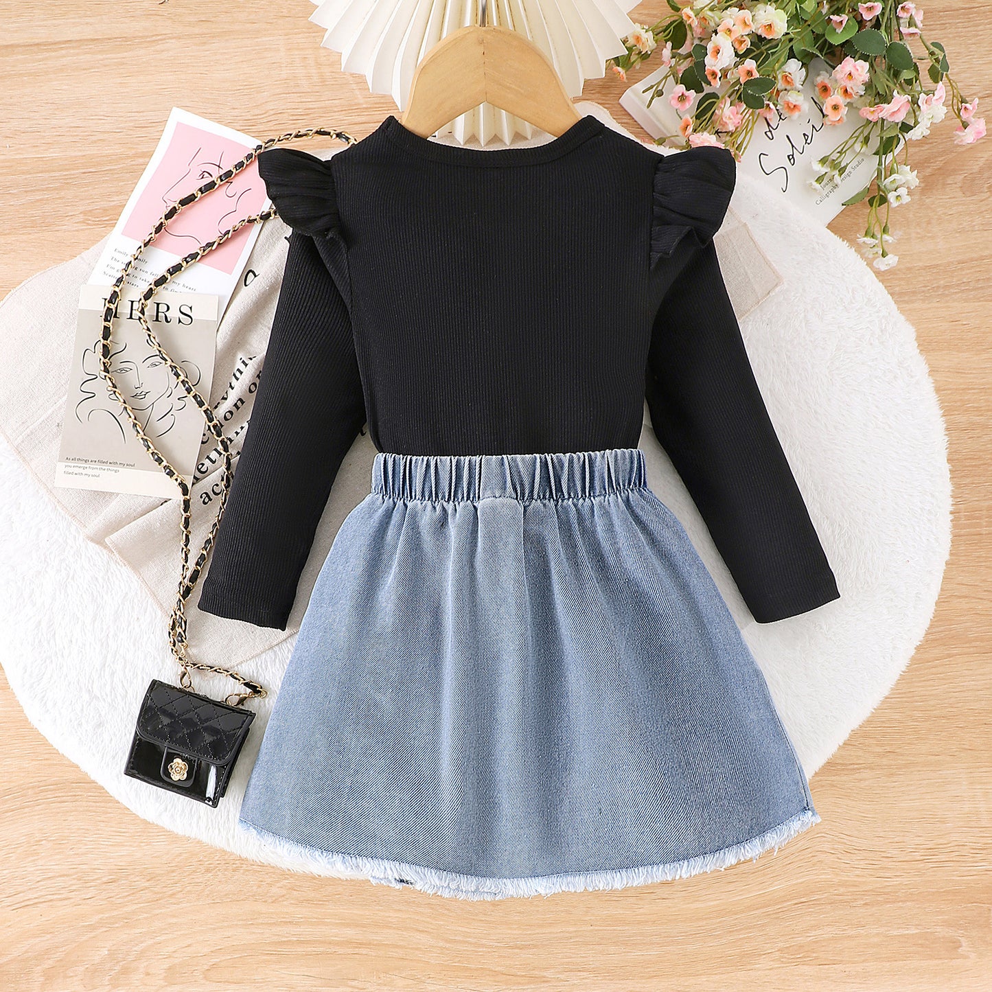 Girls' Stripe-resistant Long Sleeve Letter Jacket Denim Skirt Suit