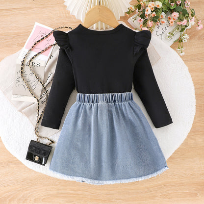 Girls' Stripe-resistant Long Sleeve Letter Jacket Denim Skirt Suit