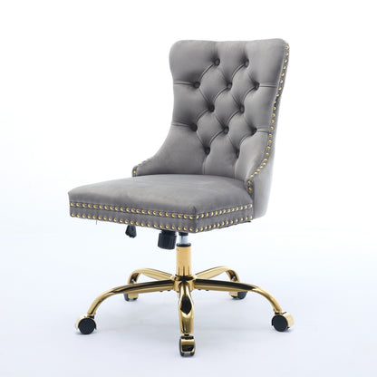 A&A Furniture Office Chair,Modern Velvet Upholstered Tufted Button Home Office Chair With Golden Metal Base,Adjustable Desk Chair Swivel Office Chair Gray