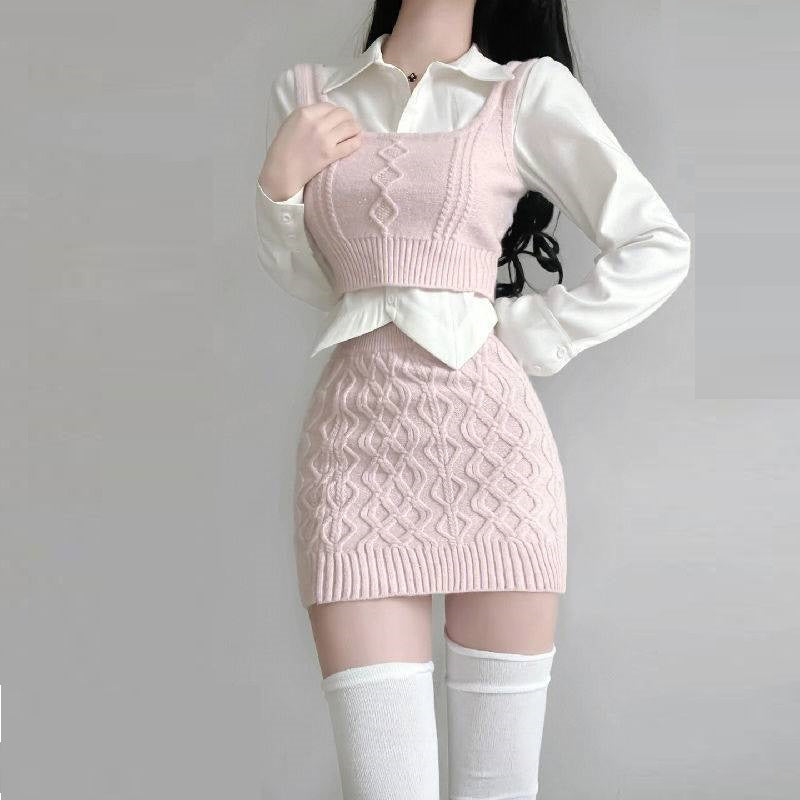Niche Bandage Dress Sweater Vest Hot Girl Hip Skirt Autumn Suit Women