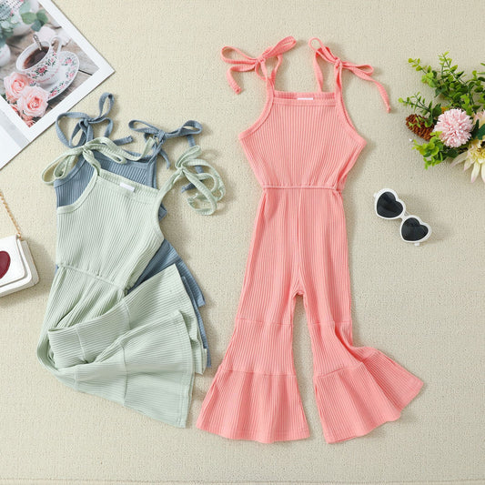 Solid Color Bell-bottom Pants Jumpsuit With Suspenders