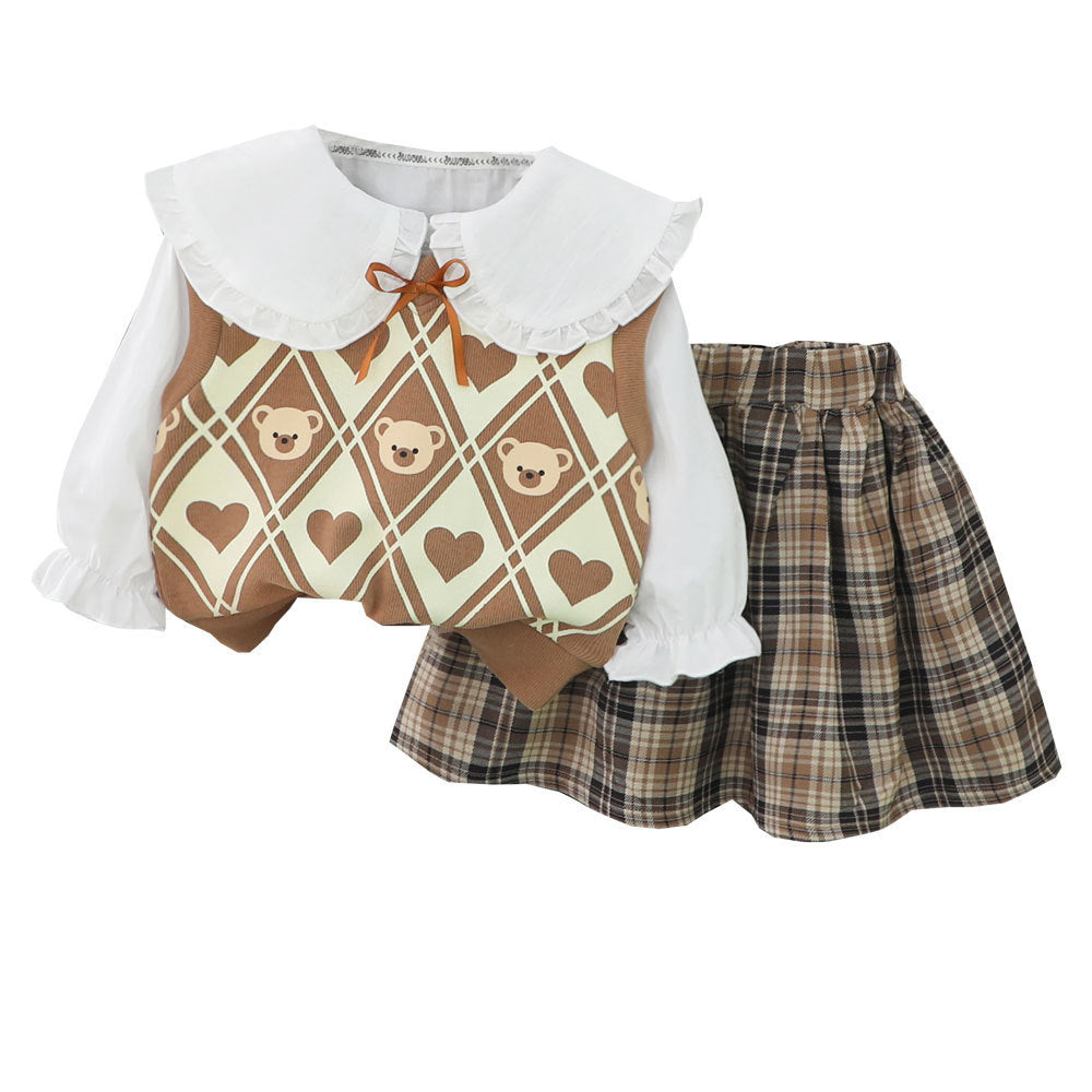 Autumn College Style Girls' Sweater Vest Vest Shirt Three-piece Set