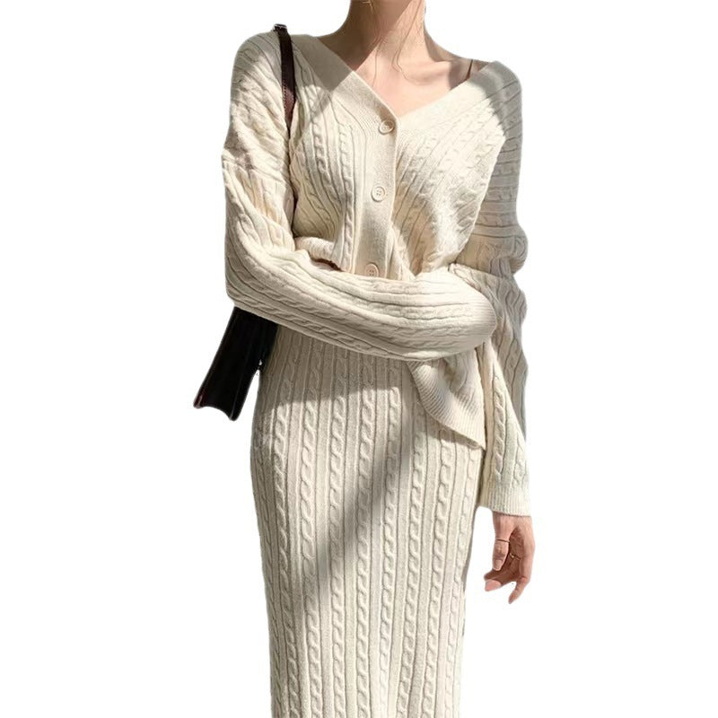 V-neck Hemp Pattern Knitted Cardigan Sweater High Waist Sheath Skirt
