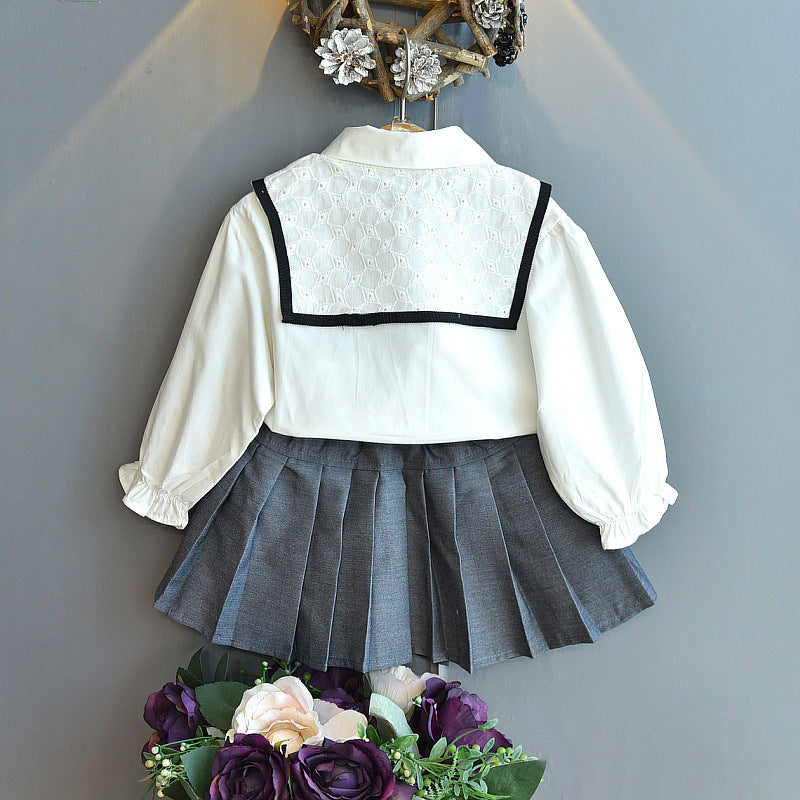 Girls' College Style Long-sleeved Shirt Pleated Skirt Two-piece