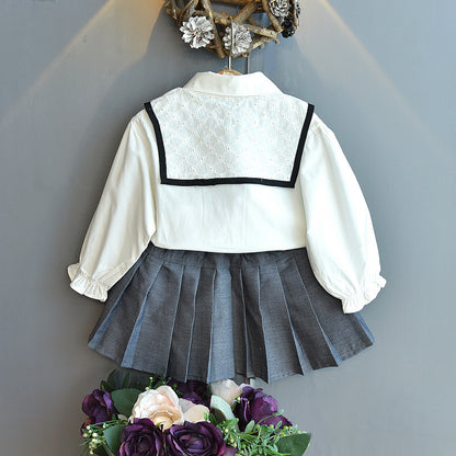 Girls' College Style Long-sleeved Shirt Pleated Skirt Two-piece