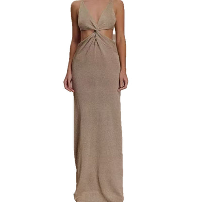 Sexy Twisted Vest Gold And Silver Wire Spring And Summer V-neck Dress