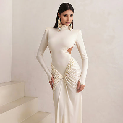 Long Sleeve High Collar Temperament Slim Fit Pleated Backless Dress