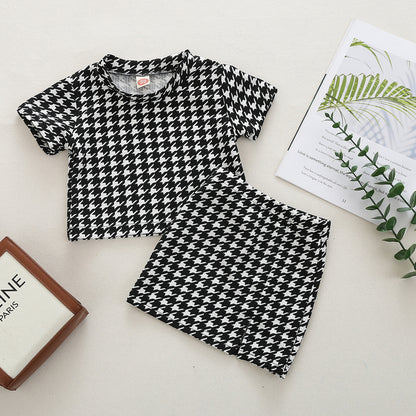 Girls Fashion Plaid Short Sleeve Top Skirt Two Piece Set