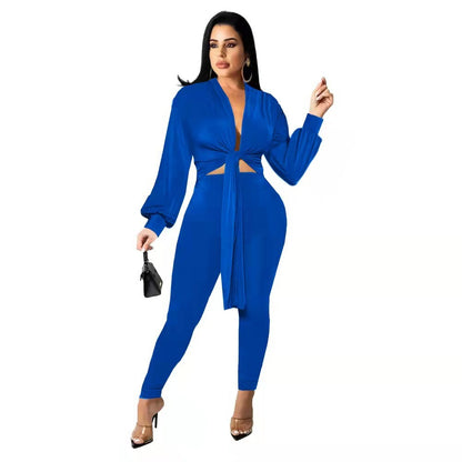 New Solid Color Tie Long Sleeve Women's Two-piece Set