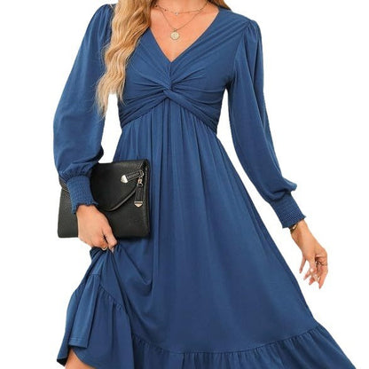 Wrap V-neck Long Sleeve Mid-length Dress