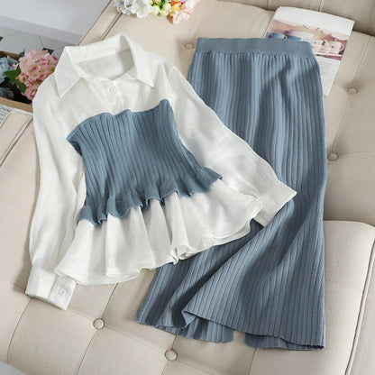 Slim Fit Fashionable Knitted Base Sweater Dress Two-piece Suit