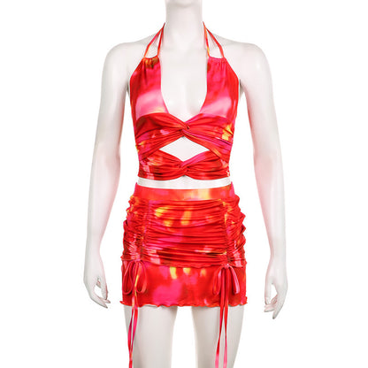 Tie-dyed Printed Deep V Halter Corset High Waist Short Skirt