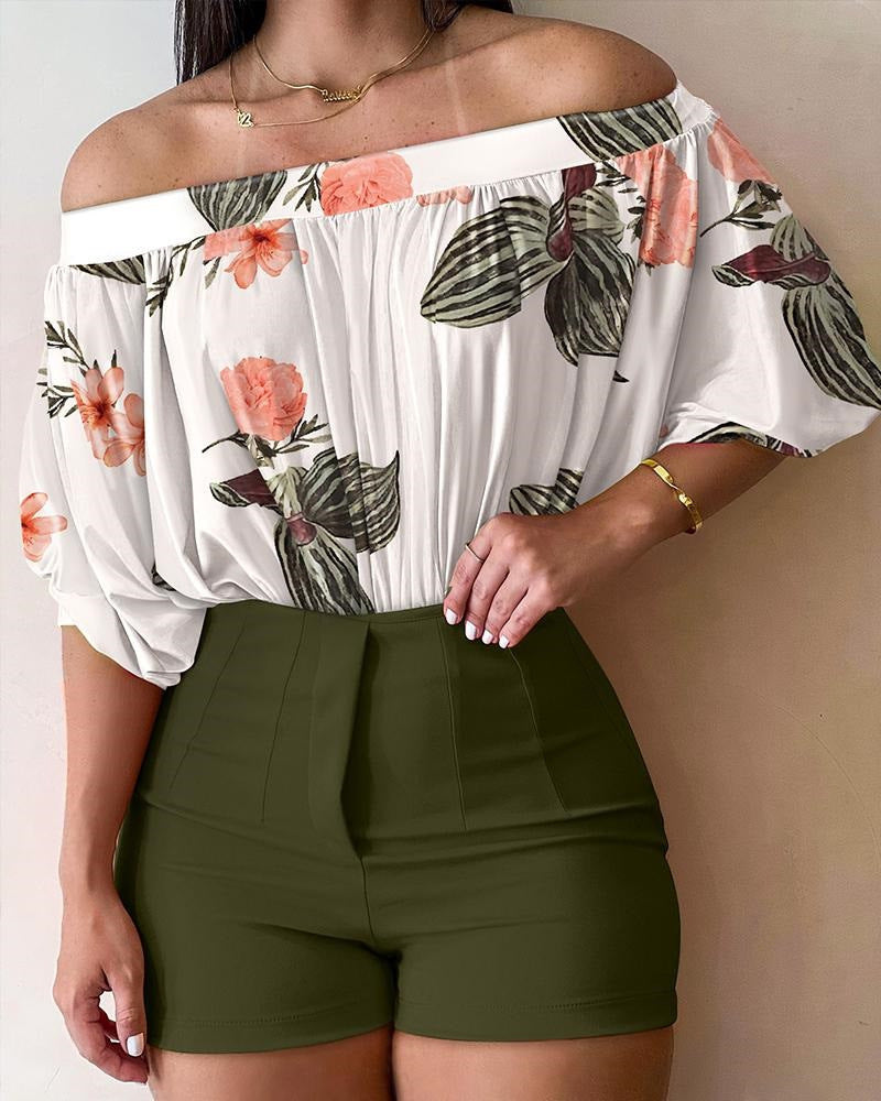 Women's Fashionable Elegant Floral Printed Top And Shorts Suit