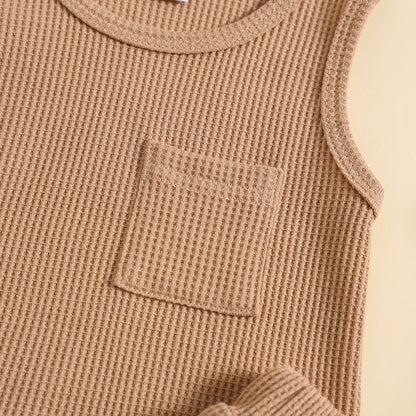 Children's Summer Korean Style Sleeveless Vest Waffle Solid Color Suit