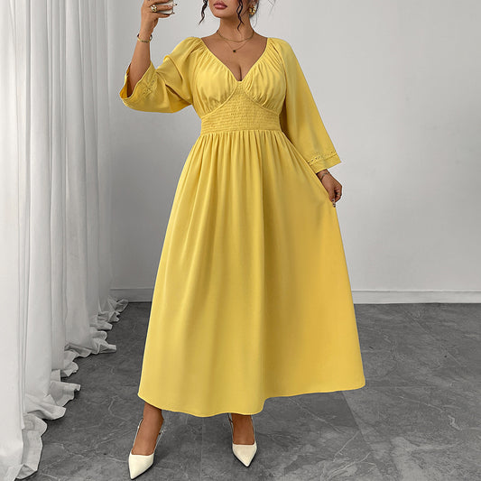 Deep V-neck Yellow High Waist Slimming Dress