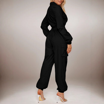 Fashion Out Coveralls Women's Flip Pocket Elastic Waist-tightening Zipper